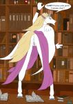  1_female 1_girl against_wall anus ass bent_over blonde_hair books butt clothed equine fab3716 female female_only gargoyles hair long_hair no_panties pussy rear_view solo speech_bubble standing una 