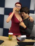  breasts burger clothes drink duo glasses keyboard_(computer) sydgrl3d 