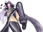 1girl big_breasts breasts covered_breasts female hetero kumiko_shiba league_of_legends long_hair panty_shot purple_clothes purple_eyes purple_thighhighs silver_hair solo syndra thighhighs