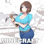 1:1 1:1_aspect_ratio 1_girl 1girl ai_generated ass big_breasts blue_eyes breasts brown_hair cleavage clothed copyright_name dr.bug female_only generated_by_mathie grin hand_under_breast looking_at_viewer minecraft pickaxe smiling smiling_at_viewer solo_female stella_(sissteve) thick_thighs thighs