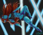 1girl 2010s 2015 2d 2d_(artwork) abs anthro anthro_only artist_name black_background blue_body blue_skin breasts clothed clothed_female clothing dark_background digital_media_(artwork) ear_fins eye_patch eyepatch feet female_abs female_anthro female_only fins fish fish_girl hair hair_down head_fins long_hair marine midriff monster monster_girl muscle muscular muscular_anthro muscular_female non-mammal_breasts pole pole_dancing red_hair sharp_teeth simple_background slit_pupils small_breasts solo_anthro solo_female spear teeth uitinla undertale undertale_(series) undyne video_game_character video_games yellow_sclera yellow_teeth