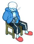1boy 2010s 2016 animated_skeleton blue_blush blue_penis blush bodily_fluids chair closed_eyes clothed clothing ectopenis fluids hooded_jacket hoodie implied_bondage jacket male male_only malesub monster penis penis_out pink_slippers sans sans_(undertale) shirt_pulled_up shirt_up sitting sitting_on_chair skeleton slippers small_penis smooth_penis solo_male submissive submissive_male sweat undead undertale undertale_(series) white_background xisin