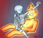 2010s 2017 2d 2d_(artwork) animated_skeleton artist_name blue_blush blue_tongue blush bottom_on_top bottom_sans completely_nude completely_nude_male cowgirl_position crypticcrows digital_media_(artwork) duo ectotongue fire_elemental glasses glasses_only gradient_background grillby grillby_(undertale) grillsans male male/male male_only mari_keiyou_(artist) mk-doodles monster monster_boy nude nude_male orange_body penetration rectangular_eyewear rectangular_glasses sans sans_(undertale) seme_grillby sex skeleton top_grillby uke_sans undead undertale undertale_(series) video_game_character video_games yaoi