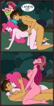  1boy 2_girls 2girls all_fours comic copper_plume cowgirl_position equestria_girls friendship_is_magic girl_on_top gloriosa_daisy kissing long_hair male/female my_little_pony nude on_all_fours outdoor outside pinkie_pie pinkie_pie_(mlp) sex sideboob undressing 