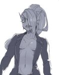 1girl 2020s 2023 2d 2d_(artwork) alternate_costume anthro anthro_only artist_name boob_window breasts cleavage clothed clothed_female clothing digital_media_(artwork) ear_fins eye_patch eyepatch female_anthro female_only fins fish fish_girl greyscale hair hair_over_one_eye head_fins looking_at_viewer marine monochrome monster monster_girl navel no_bra non-mammal_breasts non-mammal_navel ponytail scar sharp_teeth simple_background slit_pupils solo_anthro solo_female teeth topotopo_0_0 twitter twitter_username undertale undertale_(series) undyne upper_body video_game_character video_games white_background