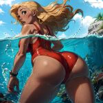  1:1 1:1_aspect_ratio 1girl ai_generated ass ass_focus big_ass blonde_hair blush brown_skin dat_ass disney female female_only green_eyes hawaii hawaiian lifeguard_(lilo_and_stitch) lilo_and_stitch long_hair looking_back ocean one-piece_swimsuit open_mouth partially_submerged partially_underwater_shot patreon red_one-piece_swimsuit red_swimsuit sea skizzen solo submerged swimsuit swimwear thin_waist underwater wading watch water wide_hips wristwatch 