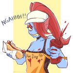  1girl 2020s 2022 2d 2d_(artwork) angry anthro anthro_only apron artist_name blue_body blue_skin breasts cap cleavage clothed clothed_female clothing digital_media_(artwork) ear_fins english_text eye_patch eyepatch female_anthro female_only fins fish fish_girl food hair hair_over_one_eye hat head_fins headwear hot_dog hotdog ketchup ketchup_bottle looking_at_viewer marine monster monster_girl non-mammal_breasts off_shoulder_apron orange_apron ponytail red_hair red_ponytail simple_background slit_pupils solo_anthro solo_female squeezing stained_apron teeth text text_on_apron topotopo_0_0 twitter twitter_username two-tone_background undertale undertale_(series) undyne upper_body video_game_character video_games yellow_background yellow_sclera 