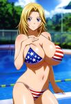  1girl accurate_art_style alluring american_flag_bikini bare_legs big_breasts bikini blonde_hair blue_eyes cleavage dead_or_alive dead_or_alive_2 dead_or_alive_3 dead_or_alive_4 dead_or_alive_5 dead_or_alive_6 dead_or_alive_xtreme dead_or_alive_xtreme_2 dead_or_alive_xtreme_3 dead_or_alive_xtreme_3_fortune dead_or_alive_xtreme_beach_volleyball dead_or_alive_xtreme_venus_vacation doasuki posing swimming_pool tecmo tina_armstrong under_boob 