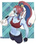  1girl 1girl 1girl 2020s 2023 2d 2d_(artwork) anthro anthro_only artist_name ass bag blue_body blue_skin breasts carrying carrying_bag christmas christmas_bag cleavage clothed clothed_female clothing digital_media_(artwork) ear_fins eye_patch eyepatch female_anthro female_only fins fish fish_girl hair marine monster monster_girl navel non-mammal_breasts non-mammal_navel red_hair sharp_teeth simple_background slit_pupils solo_anthro solo_female topotopo_0_0 twitter twitter_username undertale undertale_(series) undyne video_game_character video_games white_border yellow_sclera 