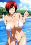  1girl accurate_art_style alluring bare_legs big_breasts bikini black_and_red_hair cleavage dead_or_alive dead_or_alive_6 dead_or_alive_xtreme dead_or_alive_xtreme_2 dead_or_alive_xtreme_3 dead_or_alive_xtreme_3_fortune dead_or_alive_xtreme_beach_volleyball dead_or_alive_xtreme_venus_vacation doasuki red_eyes short_hair swimming_pool tecmo under_boob winking 