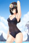  1girl 1girl alluring arm_up black_hair black_one-piece_swimsuit blush breasts brown_eyes caustics collarbone covered_navel cslucaris day from_side gloves hair_between_eyes hat long_hair medium_breasts morag_ladair morag_ladair_(obligatory_leave)_(xenoblade) mountainous_horizon nintendo one-piece_swimsuit outside see-through simple_background standing swimsuit visor water wet xenoblade_(series) xenoblade_chronicles_2 