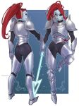 1girl 2020s 2023 2d 2d_(artwork) anthro anthro_only armor armored_boots armored_gloves artist_name ass blue_body blue_skin breasts clothed clothed_female clothing crotch digital_media_(artwork) ear_fins eyepatch female_anthro female_only fins fish fish_girl full_body gauntlets hair head_fins holding_spear holding_weapon looking_at_viewer marine monster monster_girl multiple_views non-mammal_breasts ponytail red_hair red_ponytail sharp_teeth simple_background slit_pupils solo_anthro solo_female spear standing standing_on_one_leg teeth topotopo_0_0 twitter twitter_username two-tone_background undertale undertale_(series) undyne video_game_character video_games weapon white_background white_border yellow_sclera