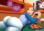 1girl aged_up alternate_version_available ass ben_10 big_ass big_breasts cartoon_network dat_ass dialogue doompypomp earrings eyebrows fat_ass female female_only game game_controller green_eyes gwen_tennyson large_ass looking_at_viewer looking_back orange_hair pizza solo solo_female solo_focus speech_bubble text text_bubble thick_thighs thighs wide_hips