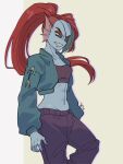  1girl 2020s 2024 2d 2d_(artwork) abs alternate_costume angry anthro anthro_only artist_name blue_body blue_skin breasts clenched_teeth clothed clothed_female clothing digital_media_(artwork) ear_fins eye_patch eyepatch female_anthro female_only fins fish fish_girl green_jacket hair head_fins jacket marine midriff monster monster_girl non-mammal_breasts ponytail red_hair red_ponytail sharp_teeth simple_background slit_pupils solo_anthro solo_female teeth topotopo_0_0 twitter twitter_username undertale undertale_(series) undyne video_game_character video_games white_background yellow_sclera 