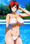  1girl accurate_art_style alluring bare_legs big_breasts bikini black_and_red_hair cleavage dead_or_alive dead_or_alive_6 dead_or_alive_xtreme dead_or_alive_xtreme_2 dead_or_alive_xtreme_3 dead_or_alive_xtreme_3_fortune dead_or_alive_xtreme_beach_volleyball dead_or_alive_xtreme_venus_vacation doasuki red_eyes short_hair swimming_pool tecmo under_boob 