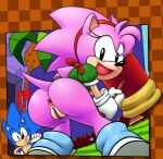 !? 1boy 1girl amy_rose anus ass ass_focus bottomless classic_amy_rose classic_sonic classic_sonic_(universe) exposed_pussy furry furry_female furry_male looking_at_viewer ninoeros open_mouth piko_piko_hammer pussy sega sonic_the_hedgehog sonic_the_hedgehog_(series)