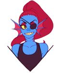 1girl 2010s 2015 anthro anthro_only black_tank_top blue_body blue_skin breasts cleavage ear_fins eye_patch eyepatch female_anthro female_only fish fish_girl flat_chest hair long_hair marine monster ponytail portrait red_hair red_ponytail sharp_teeth small_breasts solo_anthro solo_female tank_top tanktop transparent_background undertale undertale_(series) undyne unknown_artist upper_body yellow_sclera yellow_teeth