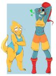 2010s 2015 2_girls 2d 2d_(artwork) 2girls 3_toes abs alphys alphys_(undertale) alternate_costume anthro anthro_only armpits bad_id bad_tumblr_id bigger_female blue_background blue_body blue_skin blue_swimsuit boots breasts canon_couple chubby chubby_anthro chubby_female couple digital_media_(artwork) duo ear_fins eyepatch feet female_abs female_anthro female_only fins fish fish_girl glasses hair hands_behind_head head_fins height_difference larger_female lizard lizard_girl lizard_tail long_hair looking_at_another looking_at_each_other looking_down looking_up marine midriff monster monster_girl muscle muscular muscular_anthro muscular_female nicky1311 non-mammal_breasts official_alternate_costume ponytail pose posing red_boots red_hair red_ponytail reptile reptile_girl reptile_tail scalie sharp_teeth shorter_female simple_background slightly_chubby slit_pupils smaller_female smile smiling_at_another swimsuit swimwear tail taller_female teeth tumblr two-tone_background two_tone_background undertale undertale_(series) undyne video_game_character video_games white_background white_border yellow_body yellow_sclera yellow_skin yellow_swimsuit yellow_teeth