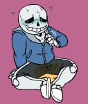 1boy 2010s 2015 animated_skeleton arm_support blue_blush blue_hoodie blue_jacket blush clothed clothed_male clothing embarrassed fully_clothed hooded_jacket hoodie jacket looking_away male male_only monster nervous omorashi pee peeing_self puddle sans sans_(undertale) simple_background sitting skeleton slippers solid_color_background solo_male sweat tinybeasts tinynsfw undead undertale undertale_(series) urination urine urine_puddle watersports wetting_self