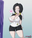 &lt;3 1girl absurd_res alternate_version_available areola areola_slip barely_visible_areola big_breasts black_hair blue_eyes blush bottomwear breasts cameltoe cleavage clothed clothed_female clothes clothing dragon_ball dragon_ball_z dressing_room erect_nipples eyebrows eyelashes female female_only hair hand_on_breast heart high_res high_resolution looking_down nipple_bulge nipples nipples_visible_through_clothing open_mouth pervertoons riffsandskulls shorts simple_background smile solo speech_bubble tied_hair tongue topwear very_high_resolution videl videl_satan
