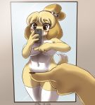  1girl 2016 animal_crossing anthro big_breasts blonde_hair blush breasts brown_eyes canine cellphone clothing convenient_censorship dipstick_tail dog eyelashes furry hair high_res holding_object holding_phone isabelle_(animal_crossing) legwear mammal mirror multicolored_tail navel nintendo one_finger_challenge phone reflection selfie selfpic shih_tzu shinsuke smartphone stockings video_games wide_hips 
