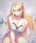 1girl alluring big_breasts blonde_hair breasts cleavage looking_at_viewer matching_hair/eyes medium_breasts mythra mythra_(radiant_beach)_(xenoblade) mythra_(xenoblade) nintendo one-piece_swimsuit outside swimsuit xenoblade_(series) xenoblade_chronicles_(series) xenoblade_chronicles_2 yellow_eyes zambonito