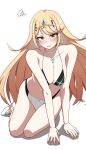 1girl :o absurd_res adapted_costume alluring big_breasts bikini black_bikini blonde_hair blush choker circlet cleavage collarbone core_crystal_(xenoblade) earrings full_body hello_pty high_res jewelry long_hair looking_at_viewer mismatched_bikini mythra mythra_(radiant_beach)_(xenoblade) mythra_(xenoblade) nintendo open_mouth shadow simple_background squiggle swept_bangs swimsuit very_long_hair white_background white_bikini white_choker white_footwear xenoblade_(series) xenoblade_chronicles_(series) xenoblade_chronicles_2 yellow_eyes