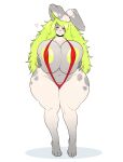  1girl big_ass big_breasts bikini bunny cute green_hair grey_fur kiwipotato rabbit_ears sling_bikini white_skin 