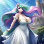 1girl 1girl 1girl big_breasts big_breasts breasts bubble castle clothes crepuscular_rays dress flowing_hair flowing_mane flowing_tail fragglezed friendship_is_magic grin hasbro horn huge_breasts lidded_eyes long_horn looking_at_viewer my_little_pony ocean outside princess_celestia princess_celestia_(mlp) scenery signature smiling_at_viewer sun sunlight swimming tagme tail underwater water 