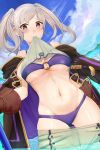  1girl 1girl alluring bikini bikini_under_clothes blue_sky blush breasts brown_eyes cleavage clothes_in_mouth clothes_lift clothes_pull coat day fire_emblem fire_emblem_awakening fire_emblem_heroes gloves gluteal_fold high_res ippers jacket jacket_on_shoulders lifted_by_self looking_at_viewer medium_breasts mountainous_horizon mouth_hold navel nintendo o-ring o-ring_bikini pants pants_pull purple_bikini robin_(fire_emblem) robin_(fire_emblem)_(female) robin_(summer)_(fire_emblem)_(female) shirt_in_mouth shirt_lift silver_hair skindentation sky stomach swimsuit thigh_gap twin_tails undressing wading 