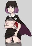 1girl book breasts cape donutsecret female_only hilda_(series) kaisa_(hilda) looking_at_viewer nipples pants_down pubic_hair purple_hair purple_highlights simple_background skirt_lift tagme two_tone_hair wide_hips
