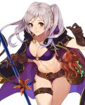  1girl alluring belt belt_buckle bikini braid breasts brown_eyes buckle cleavage closed_mouth coat fire_emblem fire_emblem_awakening fire_emblem_heroes gloves high_res holding holding_weapon kamu_(kamuuei) looking_at_viewer nintendo o-ring o-ring_bikini o-ring_top octopus robin_(fire_emblem) robin_(fire_emblem)_(female) robin_(summer)_(fire_emblem)_(female) rope seaweed silver_hair simple_background smile starfish swimsuit thigh_strap twin_tails weapon white_background 