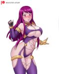  1girl alluring alternate_costume big_breasts blush breasts cleavage cosplay embarrassed fire_emblem fire_emblem_engage gloves hayato_stuff isabella_valentine_(cosplay) ivy_(fire_emblem) navel nintendo purple_eyes purple_hair revealing_clothes soul_calibur under_boob 