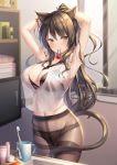  adjusting_hair arknights backlighting bare_shoulders bathroom between_breasts black_legwear black_pantyhose blurry bra_visible_through_clothes brown_eyes brown_hair cat_ears cat_tail closed_mouth cosmetics crotch_seam ear_piercing evening eyebrows_visible_through_hair lace-trimmed_bra lace-trimmed_panties long_hair looking_at_viewer mouth_hold non-nude skyfire_(arknights) smile 