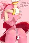  1girl 2023 accessory amy_rose anthro arrow ass bodily_fluids bracelet clothing dialogue dress english_text eulipotyphlan gloves hair_accessory hairband handwear hedgehog high_res jewelry lawgx looking_away mammal panties sega sonic_the_hedgehog_(series) stretching sweat sweaty_butt text underwear 