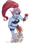 1girl 2020s 2023 2d 2d_(artwork) anger_vein angry anthro anthro_only artist_name black_topwear blue_body blue_bottomwear blue_shorts blue_skin bottomwear breasts cap cleavage clenched_teeth clothed clothed_female clothing digital_media_(artwork) ear_fins eye_patch eyepatch female_anthro female_only fins fish fish_girl food gritted_teeth hair hat head_fins headwear high_heels hot_dog hotdog ketchup ketchup_bottle marine midriff monster monster_girl non-mammal_breasts pink_high_heels ponytail red_hair red_ponytail shorts simple_background slit_pupils solo_anthro solo_female squeezing teeth topotopo_0_0 topwear twitter twitter_username undertale undertale_(series) undyne video_game_character video_games visor_cap white_background yellow_sclera