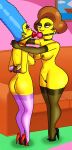 ass ball_gag bdsm blue_hair breasts edna_krabappel erect_nipples gloves high_heels lesbian_sex marge_simpson nipple_piercing pearls shaved_pussy stockings the_simpsons thighs yellow_skin yuri