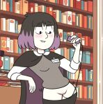 artist_request biting_lip blush cape clothed dripping dripping_pussy edit gif hilda_(series) kaisa_(hilda) librarian library netflix public purple_hair purple_highlights vibrator wet_pussy