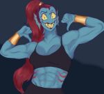  1_girl 1girl 2020s 2023 abs anthro anthro_only badass black_bottomwear black_bra black_topwear blue_background blue_body blue_skin bottomwear bra bracelet bracelets breasts dark_background eye_patch eyepatch female_anthro female_only fish fish_girl flexing goopy_art hair long_hair looking_at_viewer marine midriff monster monster_girl muscular muscular_anthro muscular_female non-mammal_breasts red_hair small_pupils smiling solo_anthro solo_female thumbs_down topwear undertale undertale_(series) undyne upper_body very_long_hair wristwear yellow_sclera 