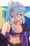  1girl 1girl alluring bare_shoulders beach belt big_breasts bikini breasts brown_eyes brown_gloves cleavage coat fire_emblem fire_emblem_awakening fire_emblem_heroes gloves high_res jewelry kamu_(kamuuei) long_hair looking_to_the_side navel necklace nintendo o-ring o-ring_bikini o-ring_top ocean off_shoulder official_alternate_costume purple_bikini robin_(fire_emblem) robin_(fire_emblem)_(female) robin_(summer)_(fire_emblem)_(female) smile swimsuit twin_tails white_hair 