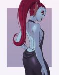 1girl 2020s 2023 2d 2d_(artwork) alternate_costume anthro anthro_only artist_name ass bare_back black_dress blue_body blue_skin breasts clothed clothed_female clothing digital_media_(artwork) dress ear_fins exposed_back eyepatch female_anthro female_only fins fish fish_girl hair head_fins hourglass_figure looking_at_viewer looking_back looking_back_at_viewer marine monster monster_girl non-mammal_breasts ponytail purple_background rear_view red_hair red_ponytail sharp_teeth sideboob simple_background slit_pupils solo_anthro solo_female teeth topotopo_0_0 twitter twitter_username two-tone_background undertale undertale_(series) undyne video_game_character video_games white_background white_border yellow_sclera