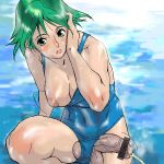  breast_slip breasts censored dagashiya futanari green_eyes green_hair newhalf one-piece_swimsuit peeing school_swimsuit short_hair swimsuit 