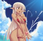 1girl big_breasts breast_squeeze breasts censored cloud clouds cum dark_skin dutch_angle ejaculation erect_nipples futanari handsfree_ejaculation long_hair open_mouth original original_character penis pointy_ears projectile_cum shimakaze shock silver_hair sling_bikini solo soundz_of_bell surprise surprised swimsuit tears thighs yellow_eyes