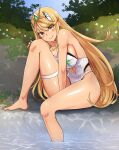 1girl alluring bare_legs big_breasts bikini blonde_hair blush core_crystal female_only light-skinned_female light_skin long_hair looking_at_viewer mythra mythra_(xenoblade) nintendo nurutekan one-piece_bikini swimsuit thick_thighs thighs very_long_hair xenoblade_(series) xenoblade_chronicles_2 yellow_eyes