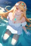  1girl alluring big_breasts blonde_hair cleavage core_crystal hair_ornament high_res high_res idgaroo looking_at_viewer looking_up mythra sea white_clothing white_dress xenoblade_(series) xenoblade_chronicles_2 