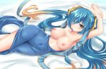  1girl aqua_hair armpits arms_up blonde_hair blush breasts collarbone curvy gradient_hair hair_ornament hair_over_one_eye large_breasts league_of_legends light_smile long_hair lying miyuki_rei miyukirei multicolored_hair nipples pillow skin_tight solo sona sona_buvelle topless twintails very_long_hair yellow_eyes 