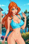 1girl bare_legs bloom_(winx_club) bottomless innie_pussy light-skinned_female naked_from_the_waist_down no_panties no_underwear orange_hair partially_clothed shaved_pussy tank_top teenage_girl winx_club