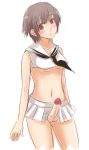  1girl artist_request blush breasts crop_top erection futanari midriff penis revealing_clothes simple_background sketch skirt solo source_request testicles uncensored underboob white_background 