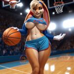  1girl 1girl ai ai_generated ai_generated_art aiart aiartwork anthro anthro_female anthro_focus anthro_only basket basketball basketball_court basketball_uniform breasts breasts_out breasts_out_of_clothes bunny bunny_girl female_focus female_only fur furry furry_female furry_focus furry_only lola_bunny looney_tunes public public_nudity solo_anthro solo_female solo_focus solo_furry space_jam space_jam:_a_new_legacy 