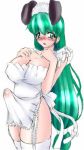 1girl animal_ears apron blush breasts bulge bunny_ears cleavage embarrassed futanari green_eyes green_hair large_breasts long_hair looking_at_viewer low-tied_long_hair lowres naked_apron open_mouth original original_character red-rum see-through very_long_hair white_clothing